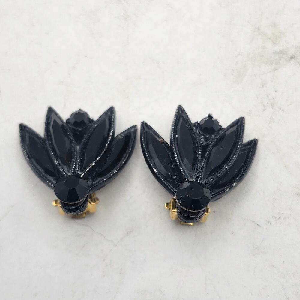 Vintage Black Glass Rhinestone Floral Petal Clip Earrings Gold Tone 1960s Retro